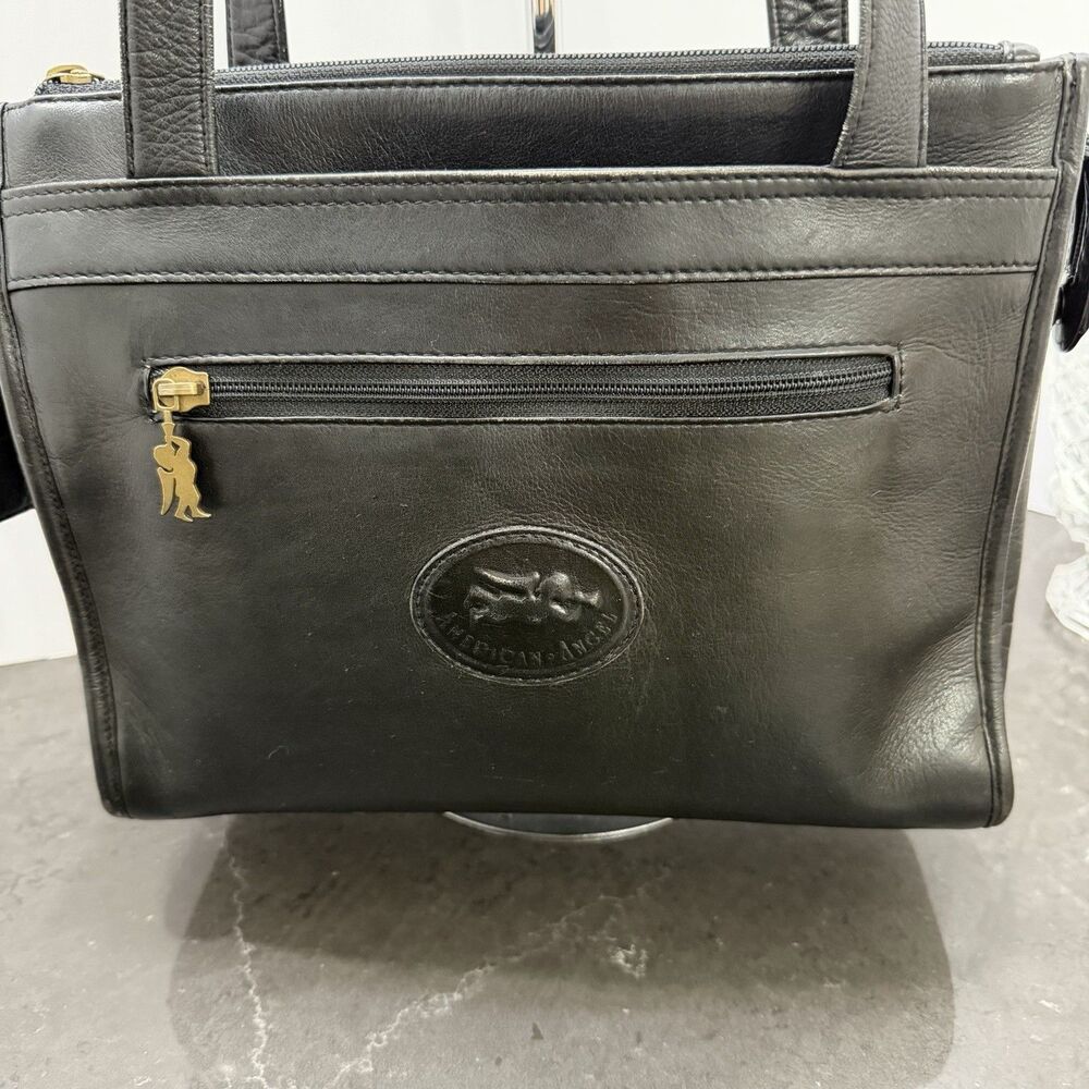 Vintage American Angel Black Genuine Leather Organizer Tote Shoulder Bag Multi
